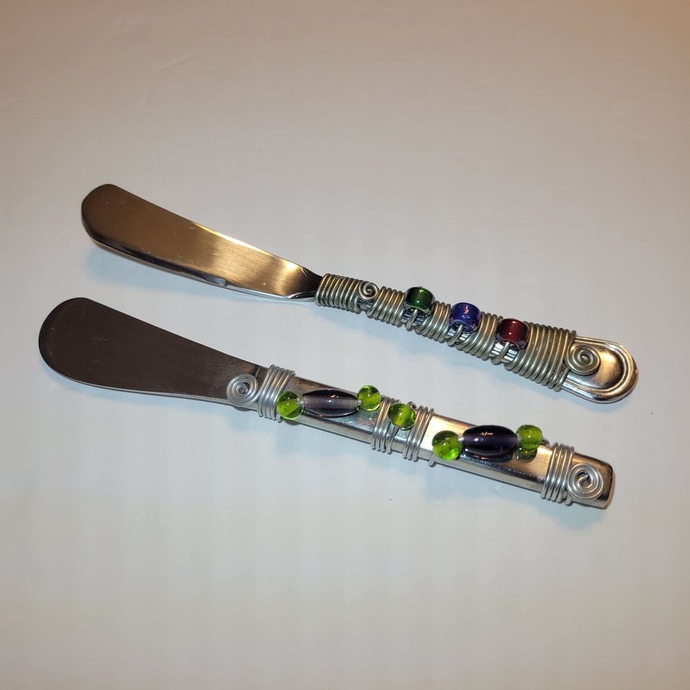Set of 2 Stainless Steel Jeweled Cheese Spreader‎ And Cheese Knife Beaded Artsy